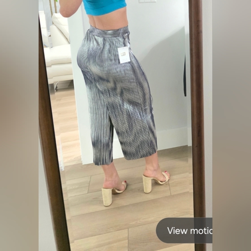 Metallic Pleated Wide Leg Pull On Pants - Silver & Black